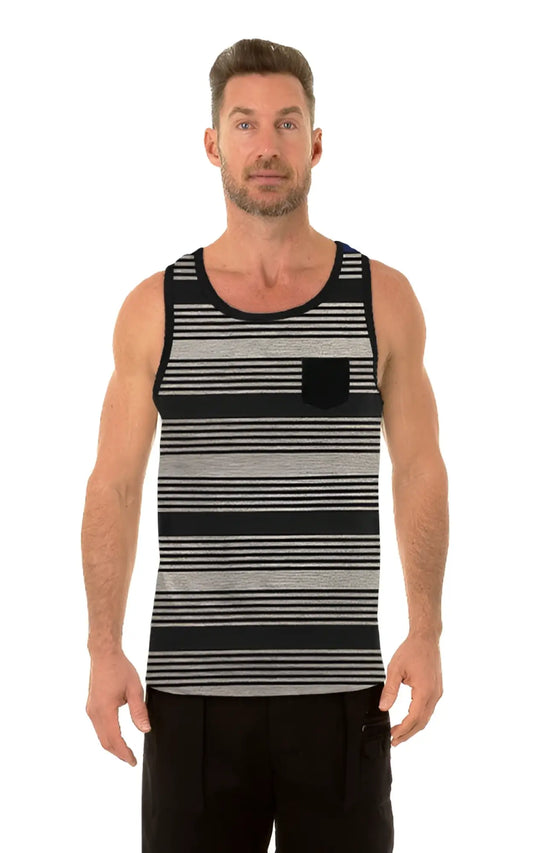 Uzzi pocket tank top black and gray striped sleeveless shirt with a black left pocket for casual wear
