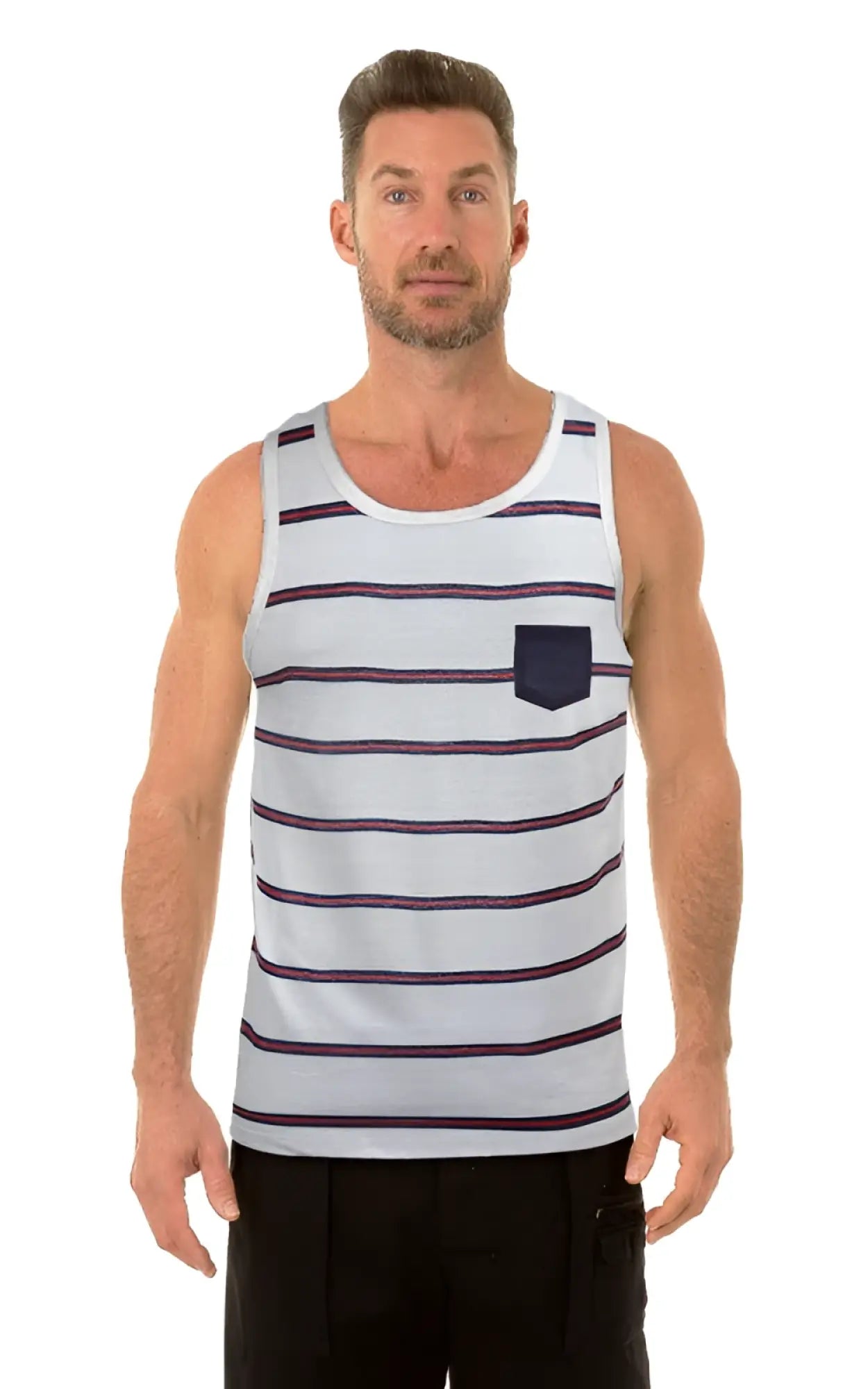 Uzzi pocket tank top white with navy blue horizontal stripes and matching chest pocket for casual wear