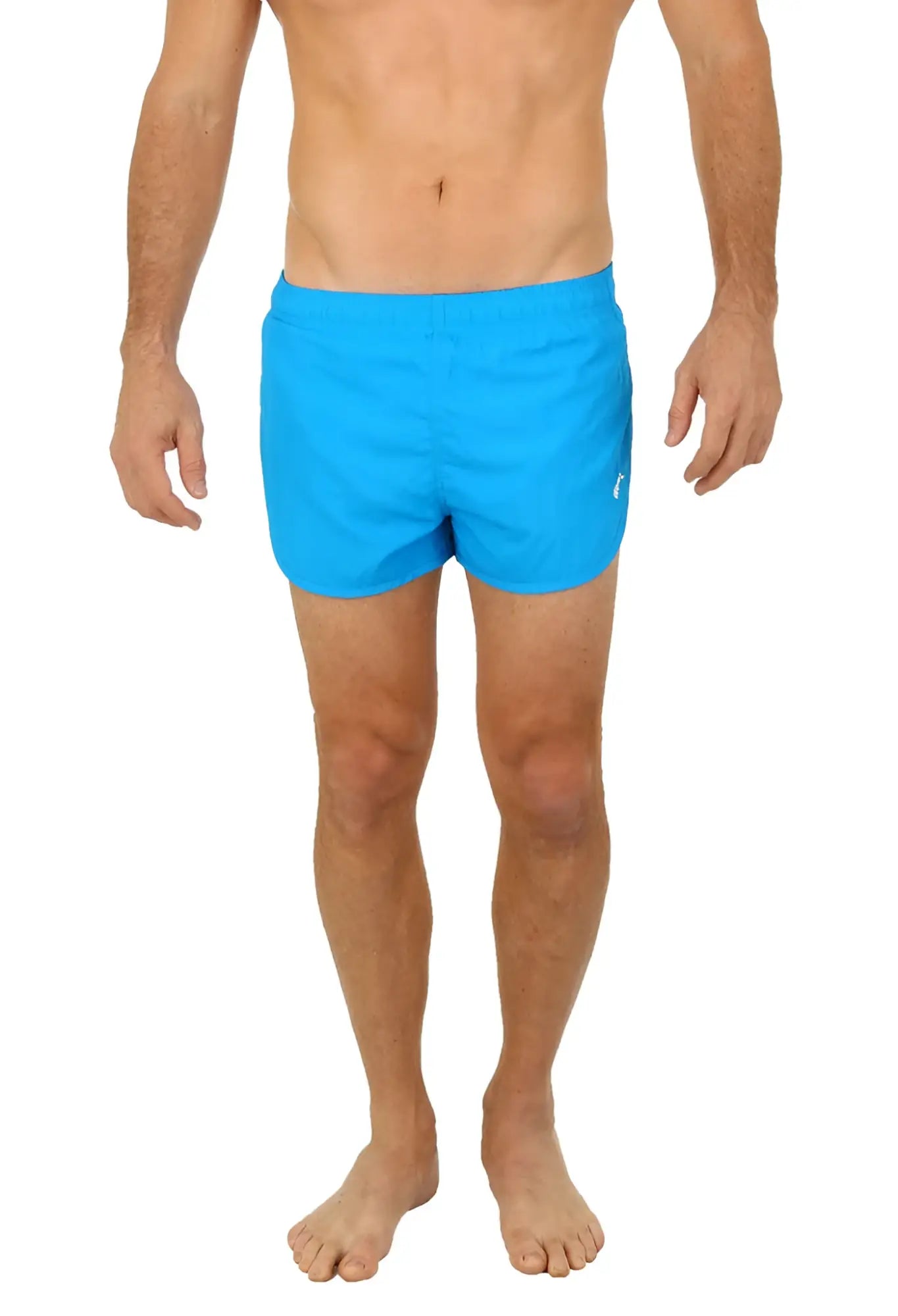 Bright blue Uzzi running short swim trunks with a simple design and small logo on the lower right leg
