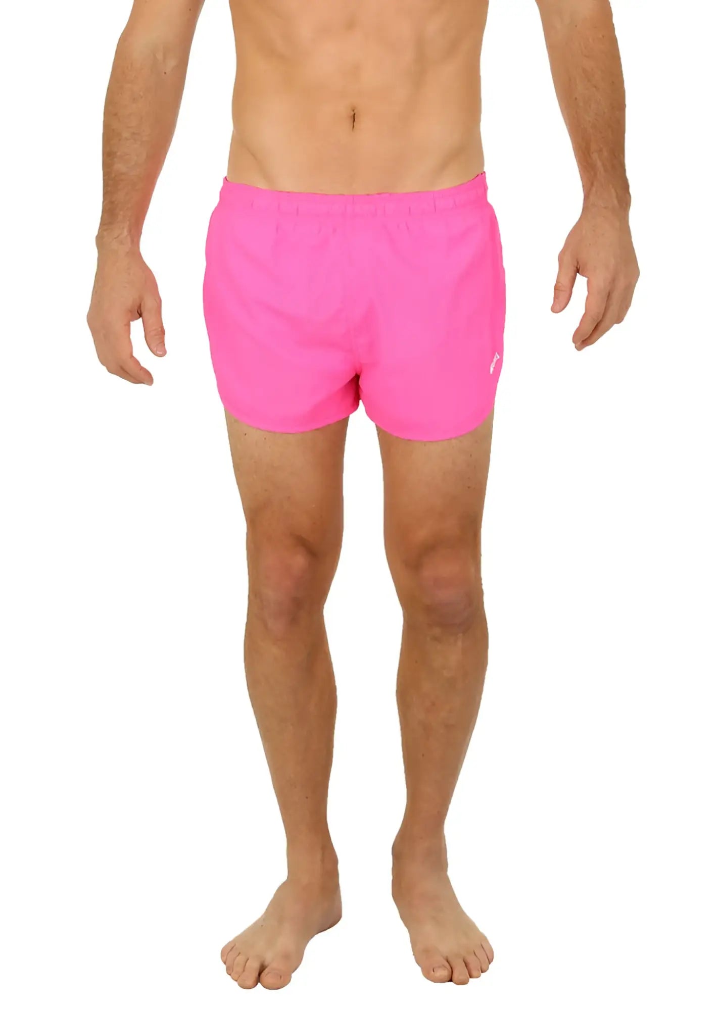 UZZI running short bright pink swim trunks with elastic waistband and subtle white logo on the side
