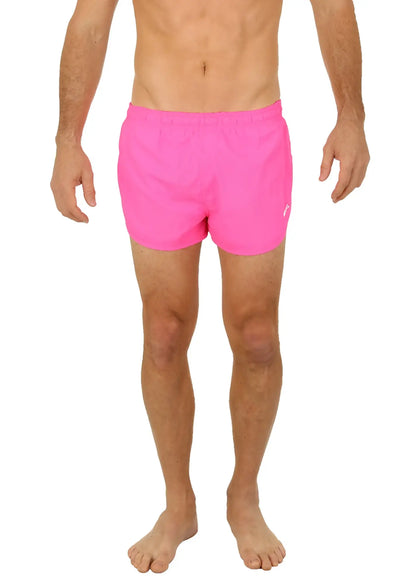 UZZI running short bright pink swim trunks with elastic waistband and subtle white logo on the side