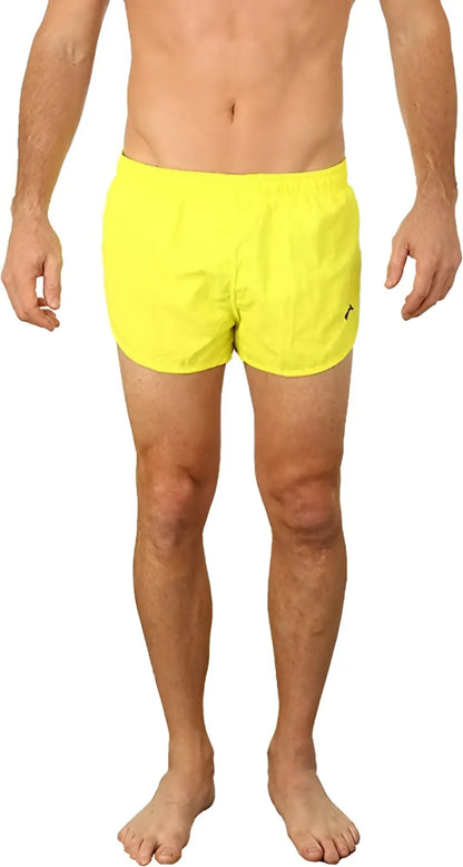 Bright yellow Uzzi running short swim trunks with a small black logo on the left leg ideal for active wear
