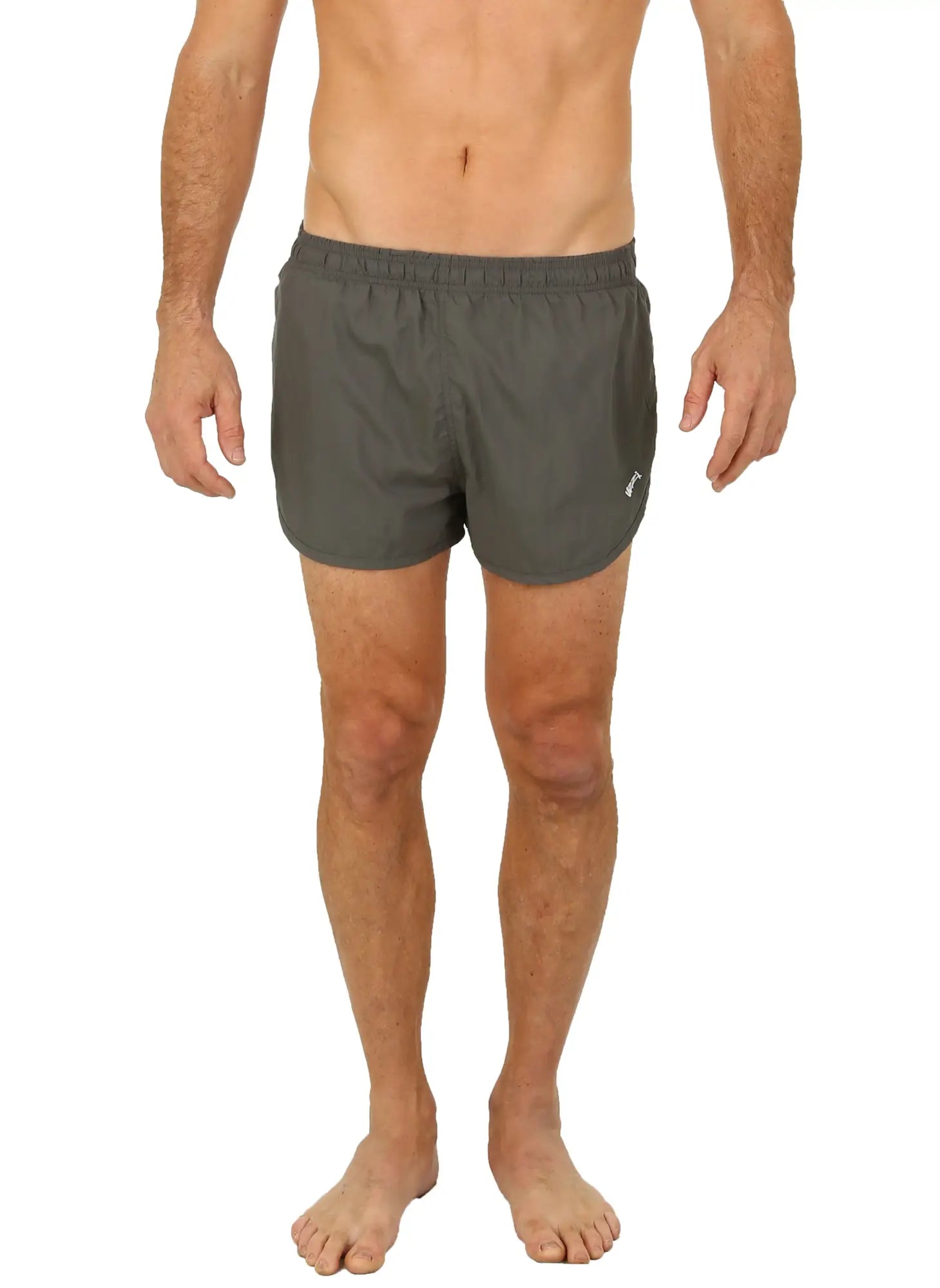 Uzzi running short in dark gray with elastic waistband and small white logo on the lower right leg for athletic use