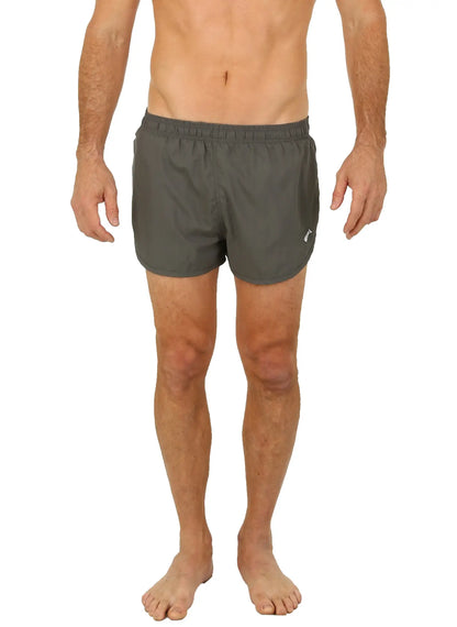 Uzzi running short in dark gray with elastic waistband and small white logo on the lower right leg for athletic use