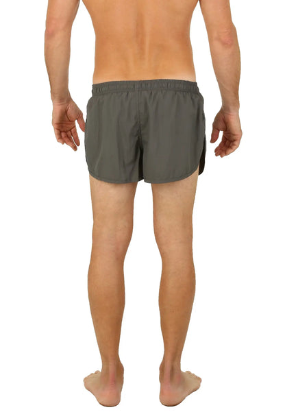 Gray Uzzi running shorts with an elastic waistband and lightweight streamlined design for athletic use