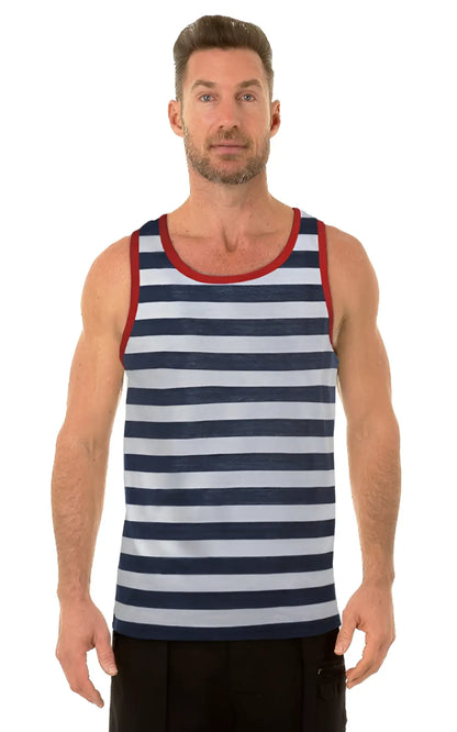 Men’s Uzzi tank top navy and white striped with red trim made of lightweight breathable fabric for casual wear