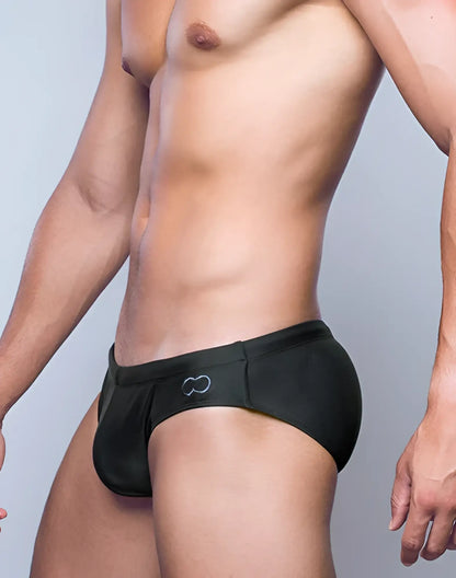 Black v10 core bikini swim trunks with subtle white infinity symbol logo on the side for swimming and beachwear