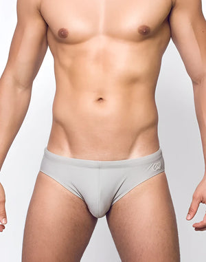 Gray v10 core bikini briefs featuring a subtle logo on the waistband made from soft breathable fabric
