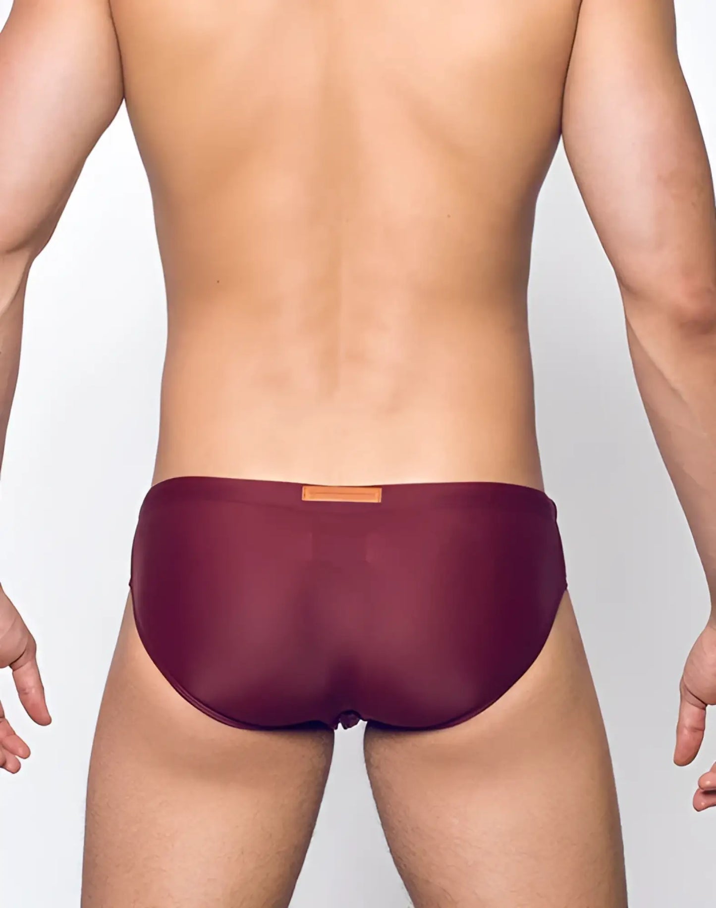 V10 core bikini maroon mesh briefs with a small orange label at the waistband