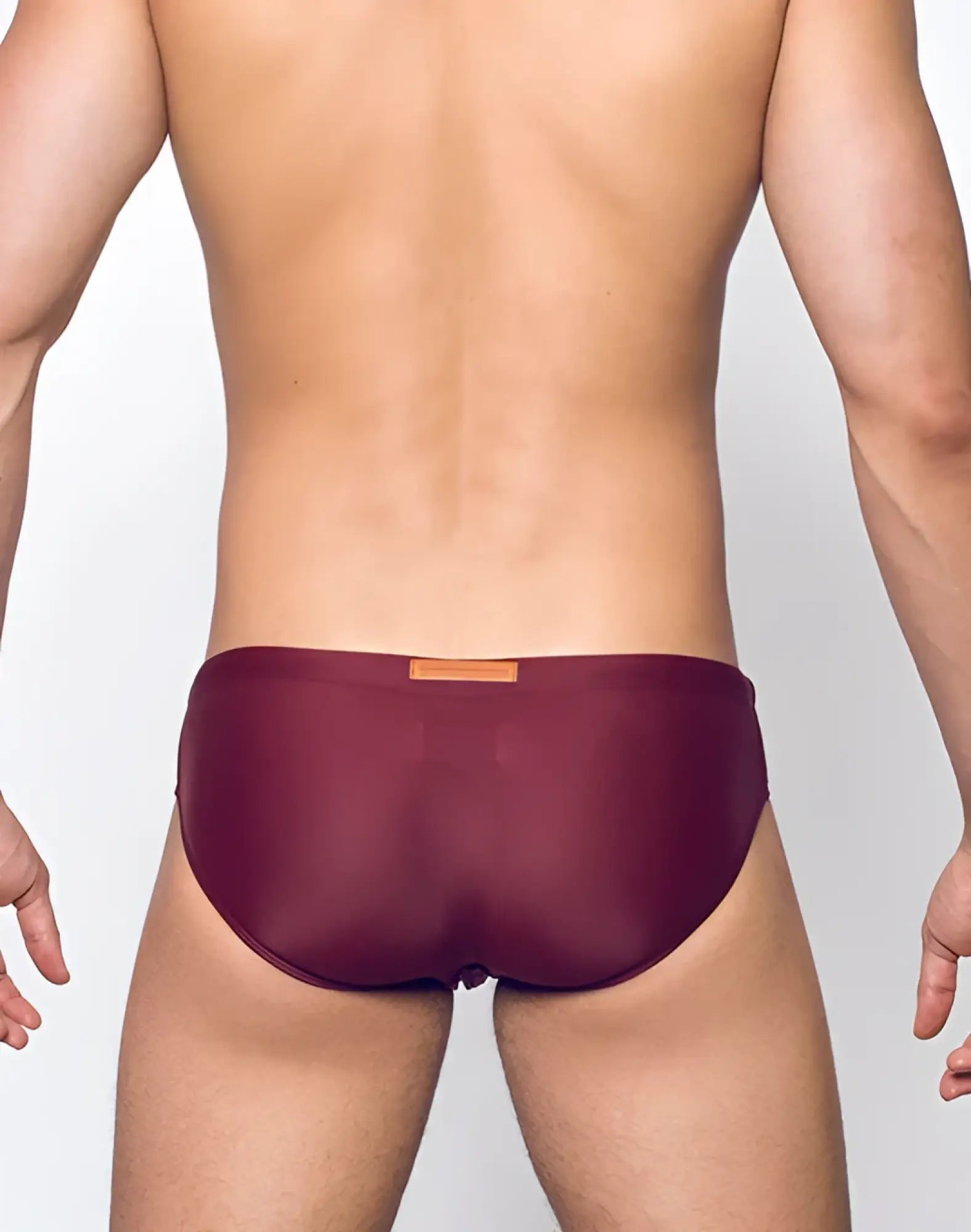 V10 core bikini maroon mesh briefs with a small orange label at the waistband