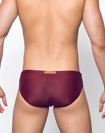 V10 core bikini maroon mesh briefs with a small orange label at the waistband