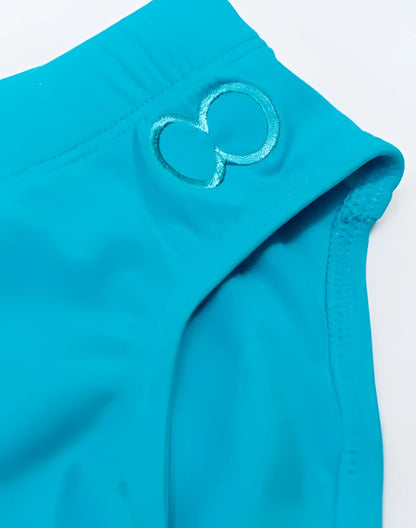 Turquoise v10 core bikini athletic shorts with subtle embroidered infinity symbol on waistband for active wear