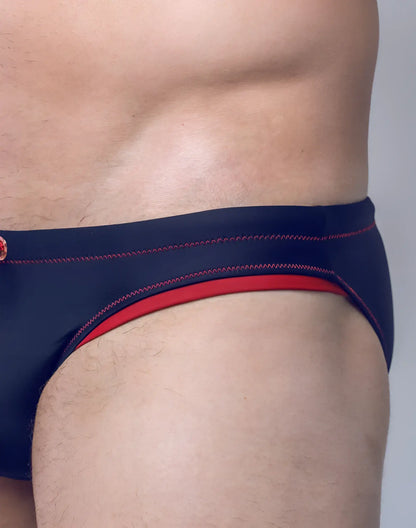 Navy blue v22 rapid swim brief with red trim and contrasting stitching designed for quick drying and swim performance