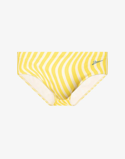 Yellow and white wavy striped v40 printed swim sungas with subtle brand logo on the side in dolce yellow