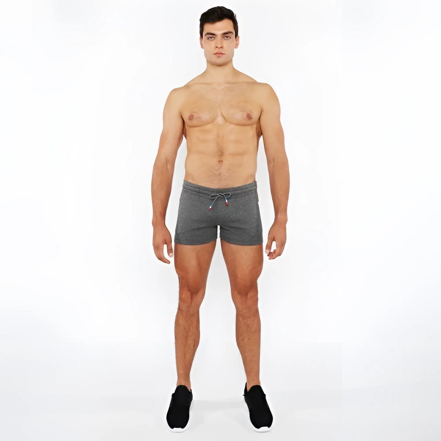 Gray heathered vault gym-tech shorts with drawstring waistband and three color heat weld red accent zippers