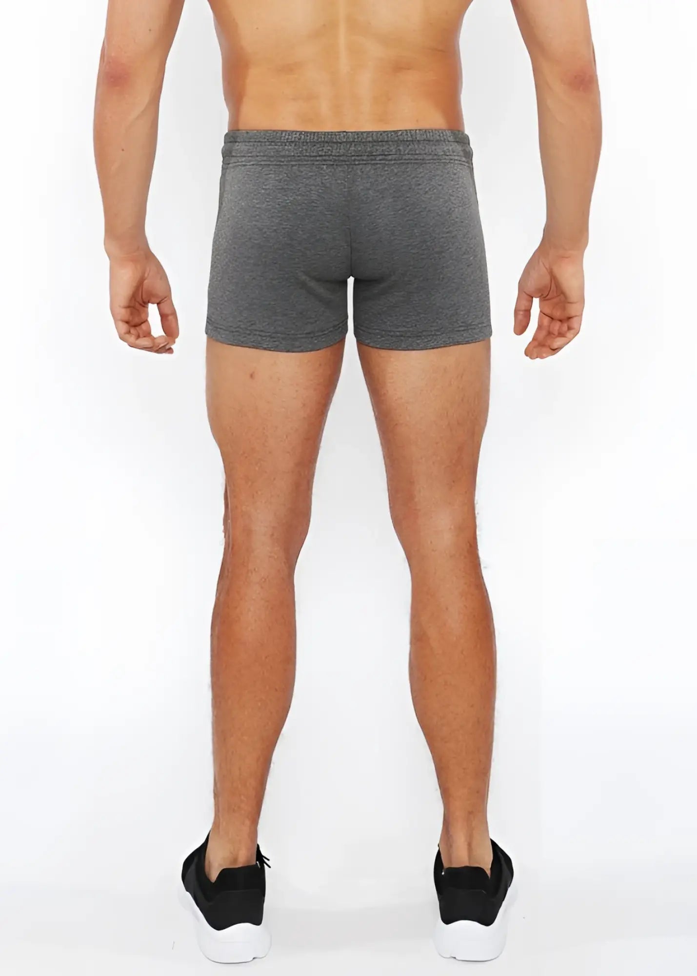 Gray heathered vault gym-tech athletic shorts with a fitted waistband and three color heat weld zippers for workout use