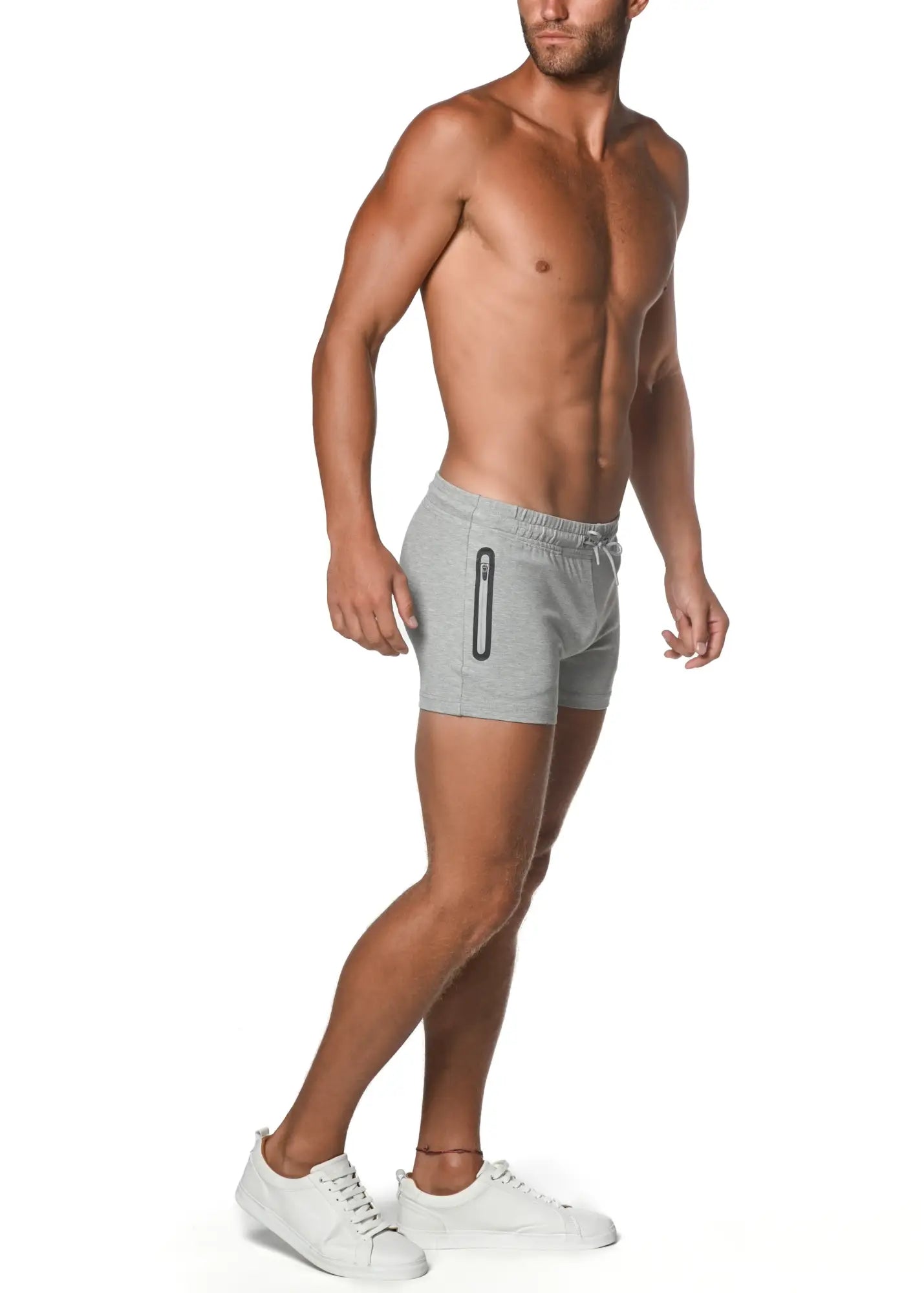 Gray vault gym-tech stretch shorts with black heat weld zippers for athletic use featuring side zipper detail
