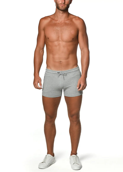 Gray vault gym-tech stretch athletic shorts with heat weld zippers and drawstring waistband for workout use