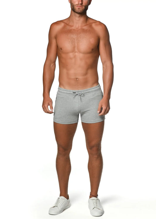 Gray vault gym-tech stretch athletic shorts with heat weld zippers and drawstring waistband for workout use