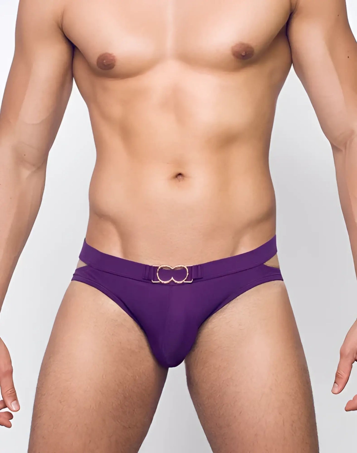 Purple men’s swim brief with gold-toned double-ring belt buckle from VB21 BLK LABEL swim brief collection