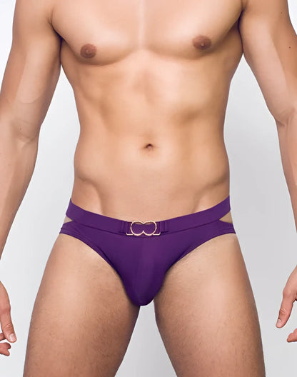 Purple men’s swim brief with gold-toned double-ring belt buckle from VB21 BLK LABEL swim brief collection