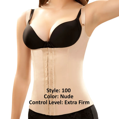 Nude-colored vedette 100 renee extra-firm waist corset with black underwire cups and adjustable straps