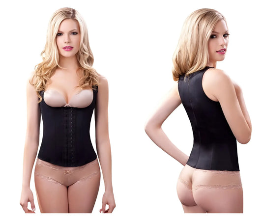 Black sleeveless Vedette 100A Rebecca under bust waist cincher with vertical zipper and lace trim at waistband