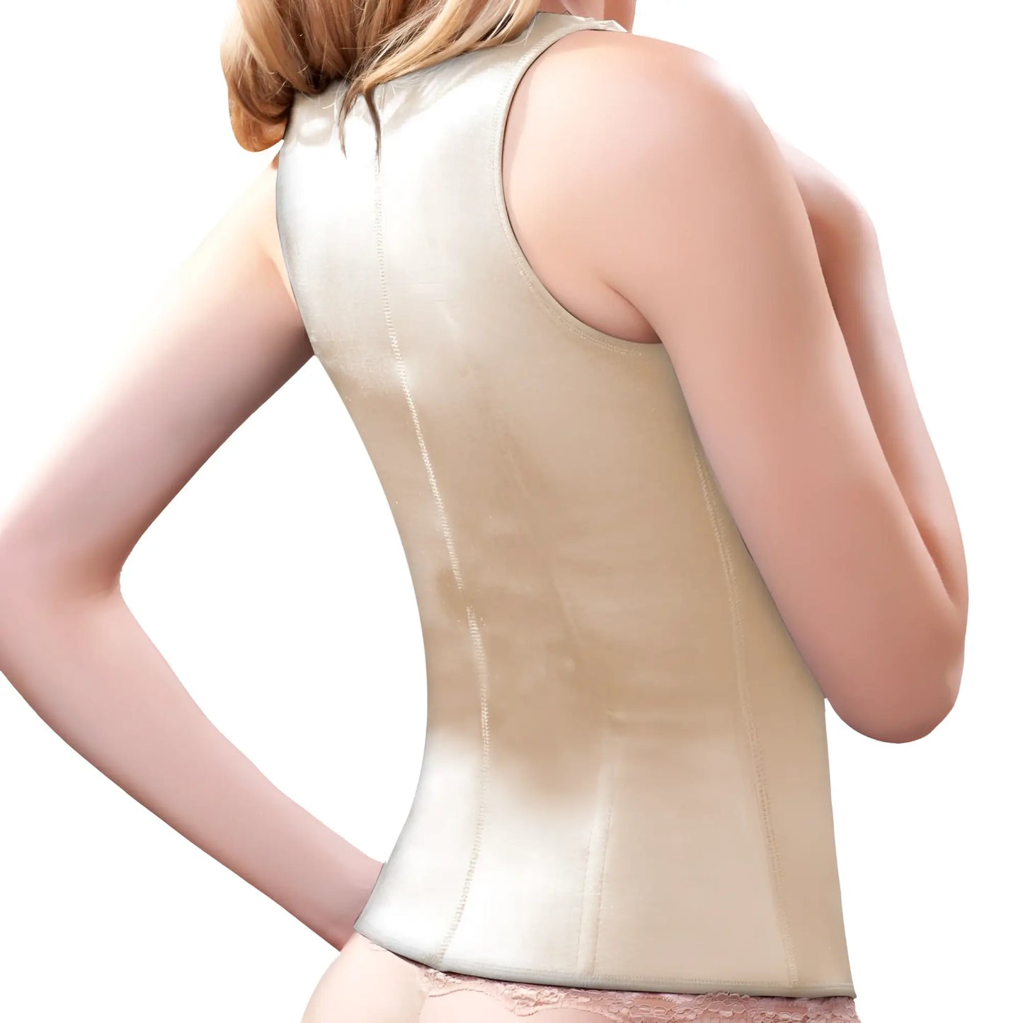 Beige satin-backed vedette 100a rebecca under bust waist cincher with vertical seam detailing in nude color