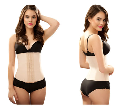 Vedette 102 Valerie latex waist cincher in nude with beige and black lace trim and adjustable straps