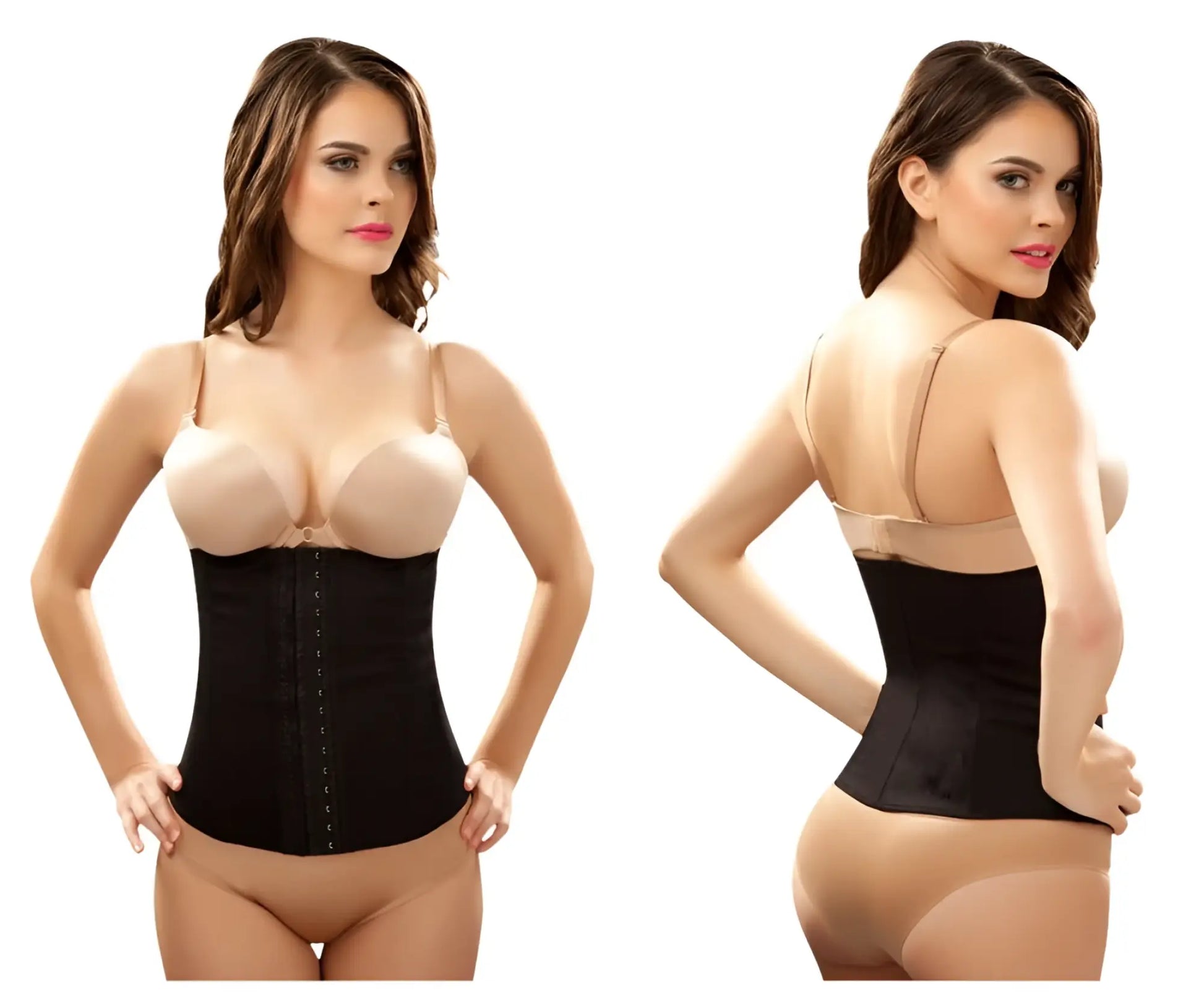 Black vedette 103 renee waist cincher corset with beige underbust bra and adjustable straps in plus size