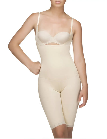 Beige vedette 104 stephanie full body shaper bodysuit with thin straps and subtle lace trim at the hem