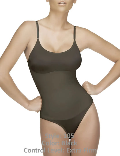 Black vedette 105 lea bodysuit with extra firm control and thin straps in bikini style for shaping and support