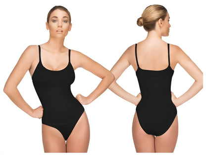 Black vedette 105 lea bodysuit in bikini color with thin spaghetti straps and flattering form-fitting design