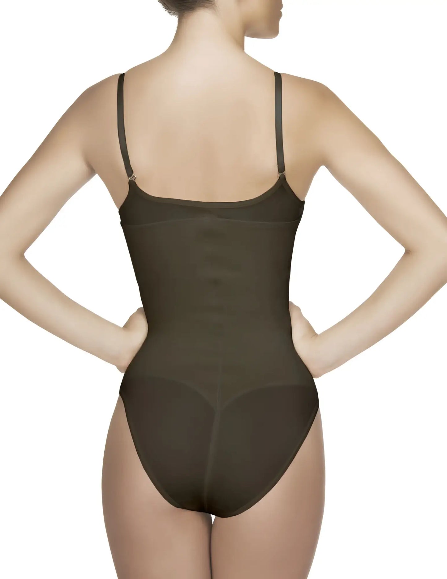 Vedette 105 Lea bodysuit in black is a sleek dark brown bodycon one-piece with thin straps and a smooth silhouette
