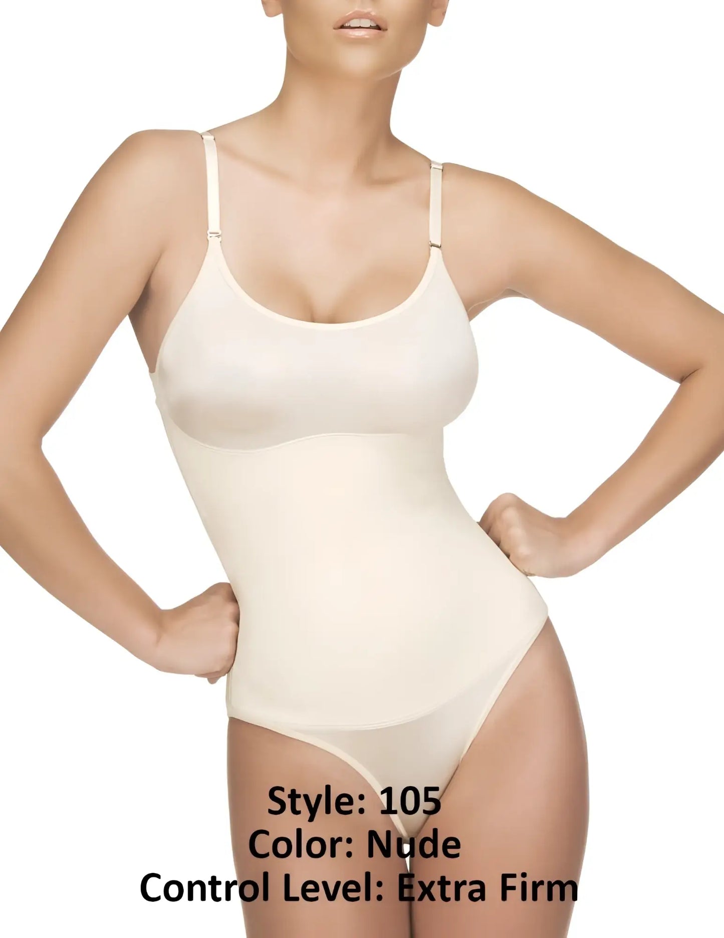Nude Vedette 105 Lea bodysuit with extra firm shaping, thin spaghetti straps, and seamless design in bikini color nude