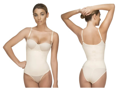 Beige seamless Vedette 107 Evonne underbust bodysuit in nude with thin straps and smooth form-fitting design