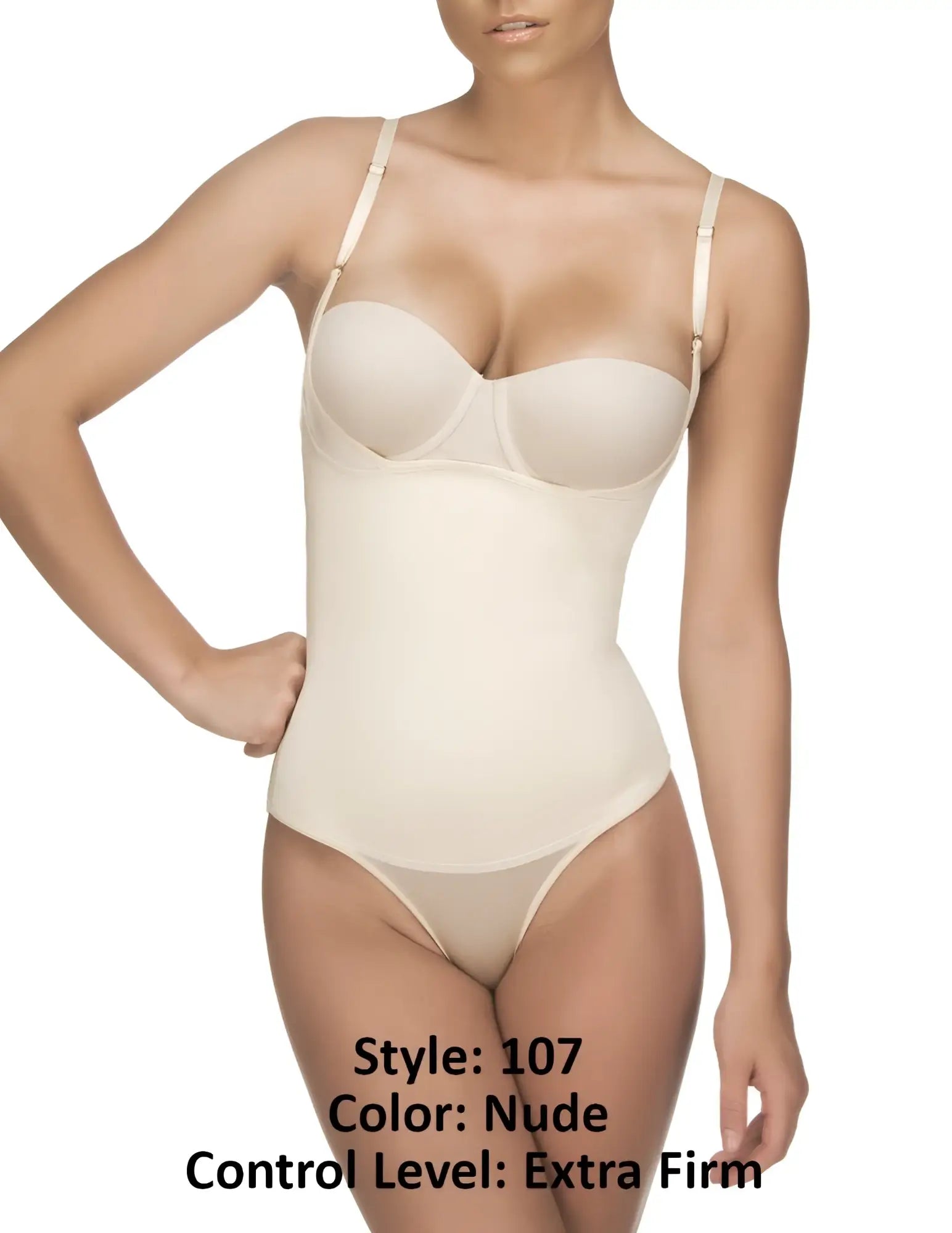 Vedette 107 Evonne underbust bodysuit in bikini nude with extra firm nude body shaper thin adjustable straps seamless design