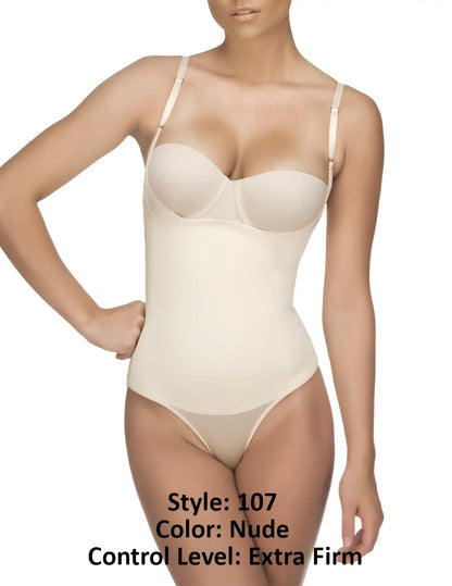 Vedette 107 Evonne underbust bodysuit in bikini nude with extra firm nude body shaper thin adjustable straps seamless design