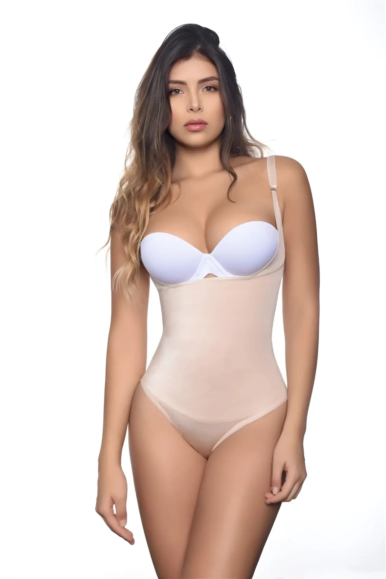 Vedette 107 Evonne underbust bodysuit in bikini color nude with light blue and beige seamless supportive design