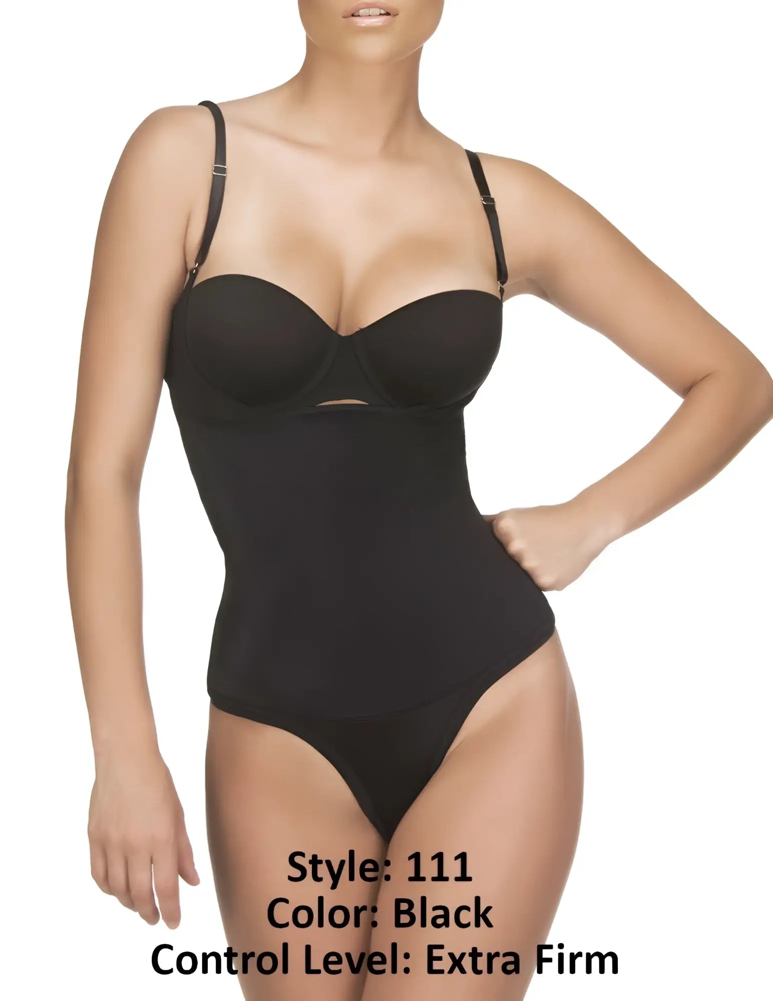 Black vedette 111 evonne underbust bodysuit with extra firm control, thin straps, seamless thong design