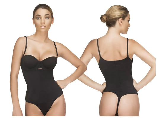 Black seamless vedette 111 evonne underbust bodysuit in thong with thin straps and a flattering form-fitting design