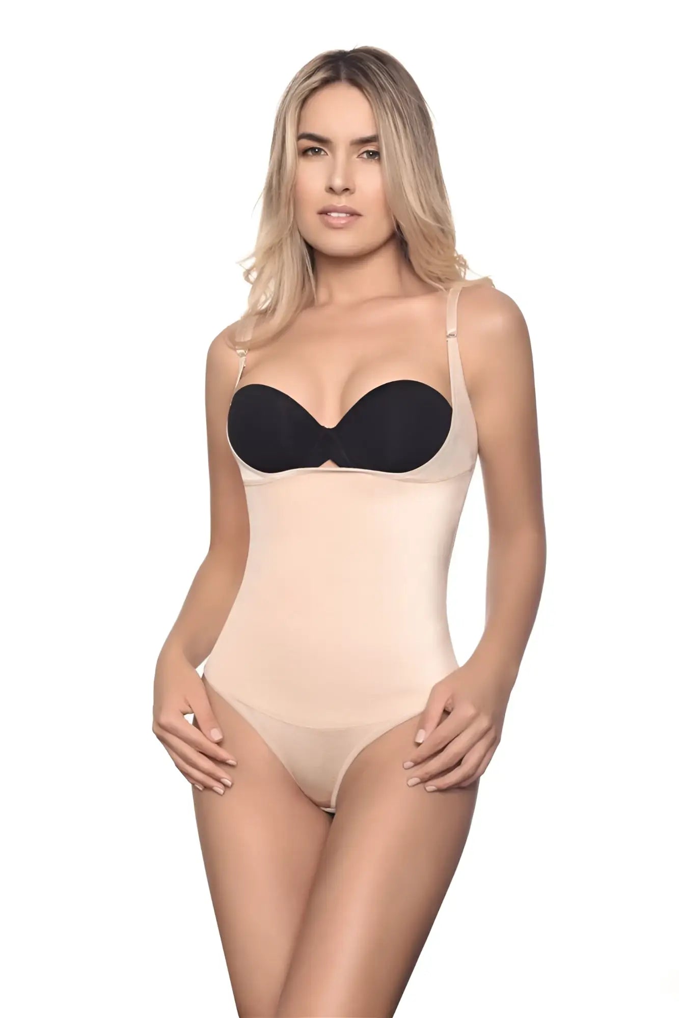 Beige nude vedette 111 evonne underbust shapewear bodysuit with black underwire bra cups and thin straps in thong style
