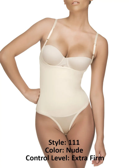 Nude-colored extra-firm Vedette 111 Evonne underbust bodysuit with thin straps and seamless thong design