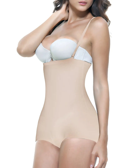 Beige vedette 123 lillian strapless body shaper with adjustable straps and light blue bra cup in nude color
