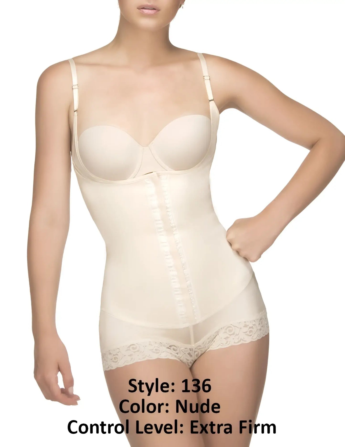 Nude vedette 136 megane open bust bodysuit with extra-firm body shaping lace trim and adjustable straps
