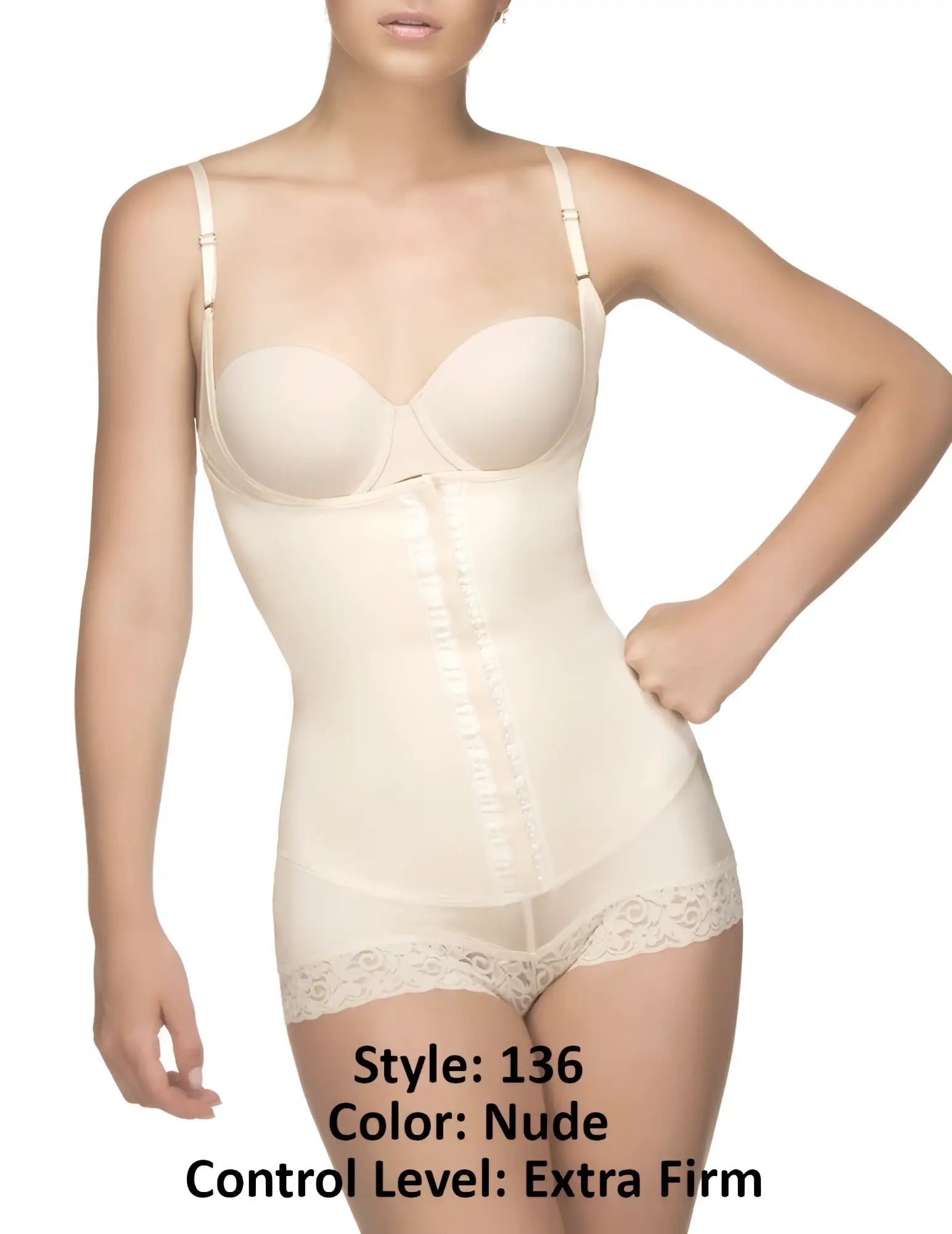 Nude vedette 136 megane open bust bodysuit with extra-firm body shaping lace trim and adjustable straps