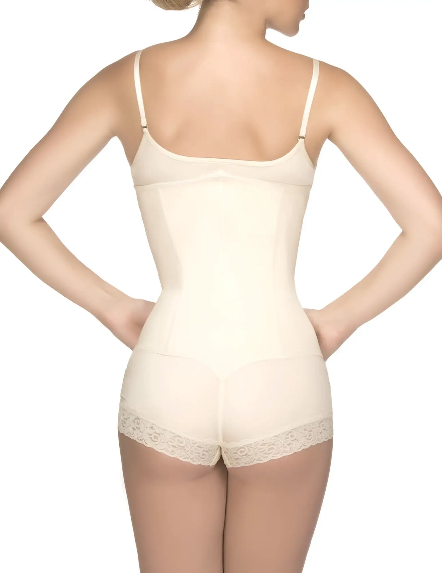 Cream-colored vedette 136 megane open bust bodysuit with seamless body shaper and delicate lace trim at waistband