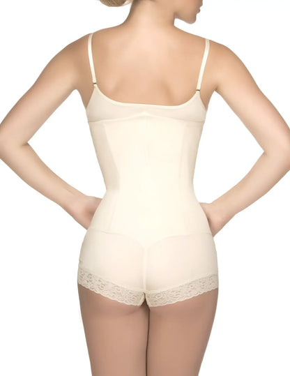 Cream-colored vedette 136 megane open bust bodysuit with seamless body shaper and delicate lace trim at waistband