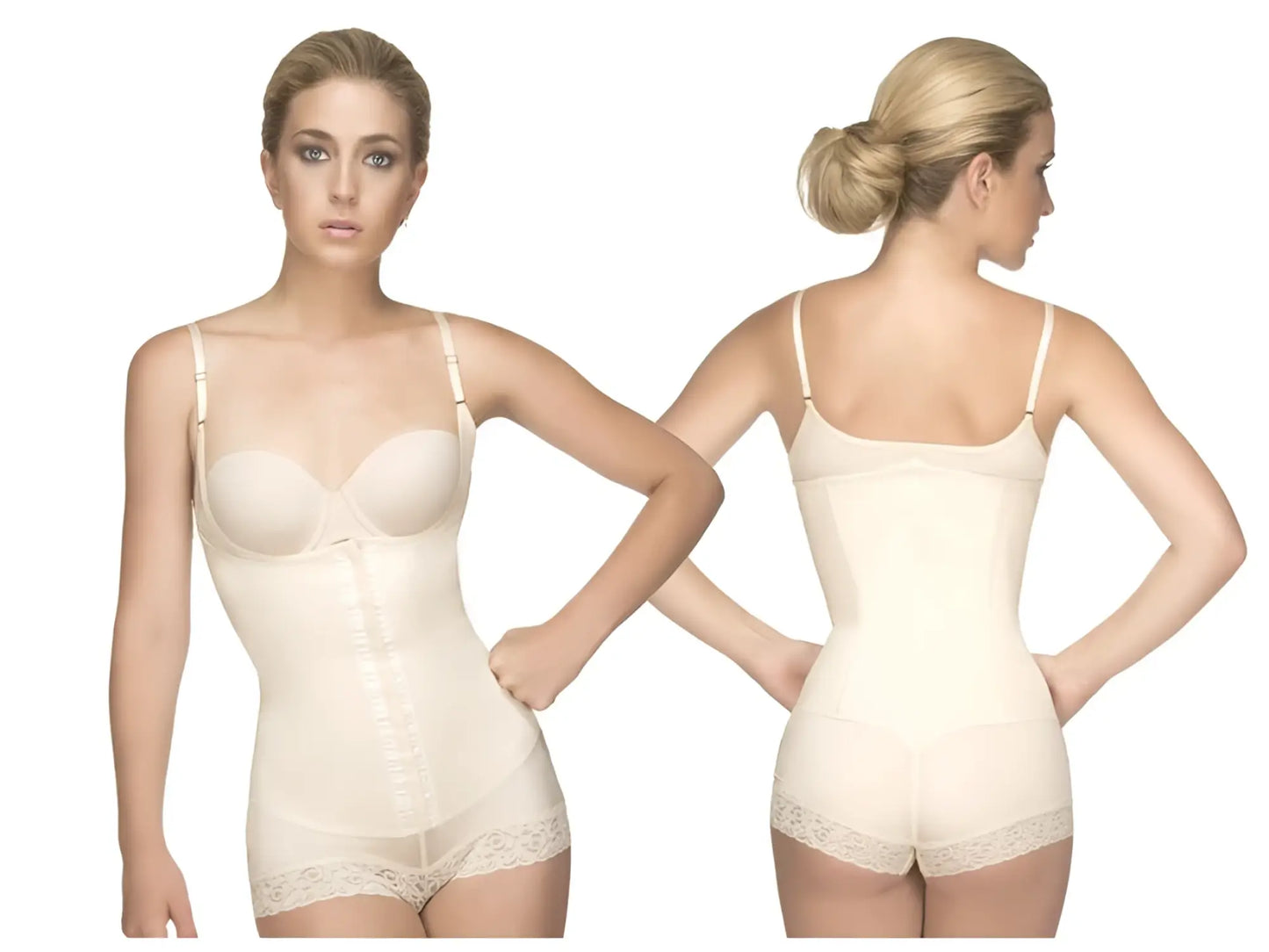 Cream-colored nude vedette 136 megane open bust bodysuit with lace trim adjustable straps and front zipper body shaper