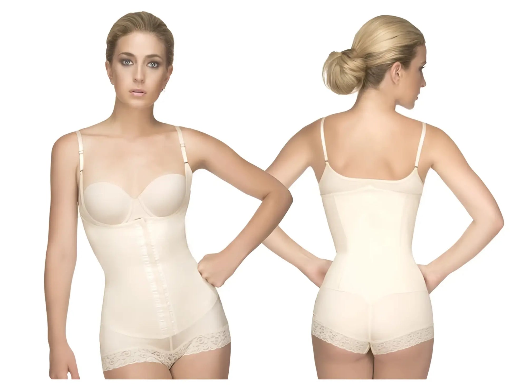 Cream-colored nude vedette 136 megane open bust bodysuit with lace trim adjustable straps and front zipper body shaper